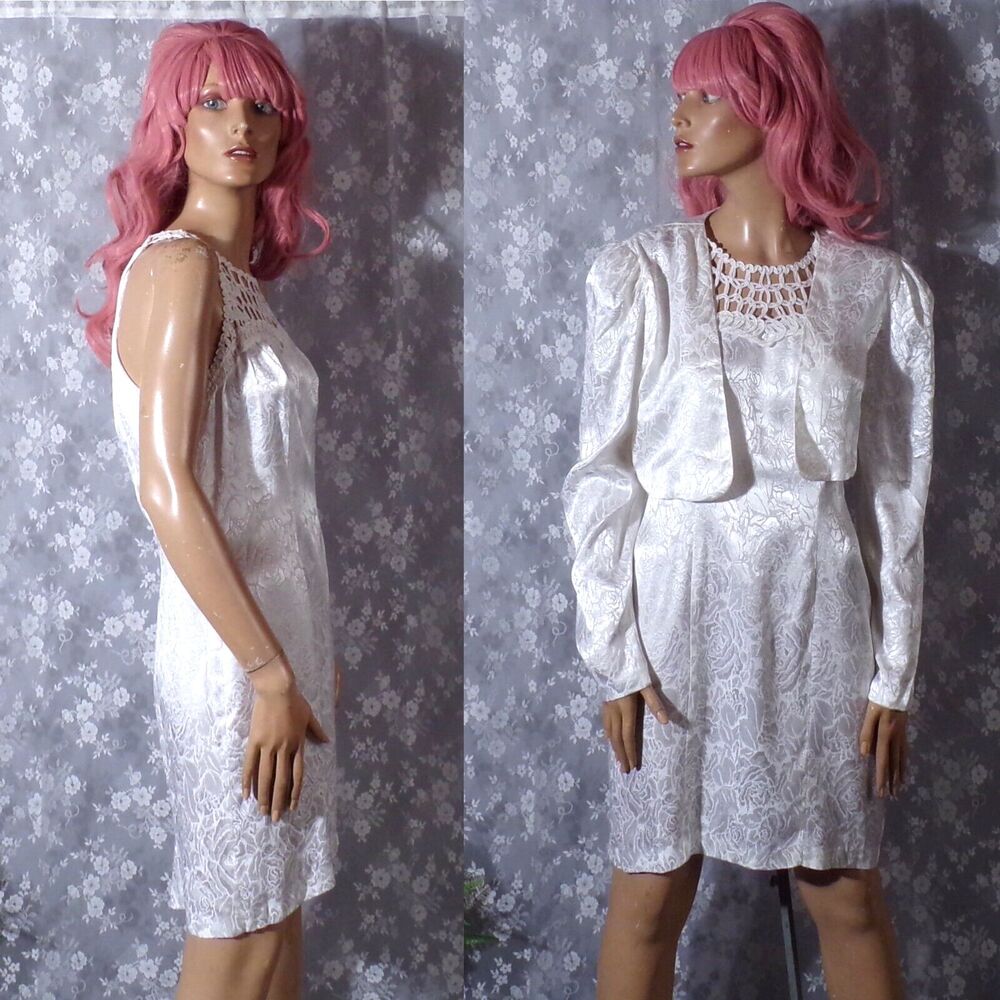 Vintage 90s Dress 1990s White Floral Vegas Wedding Engagement Size Small S/M